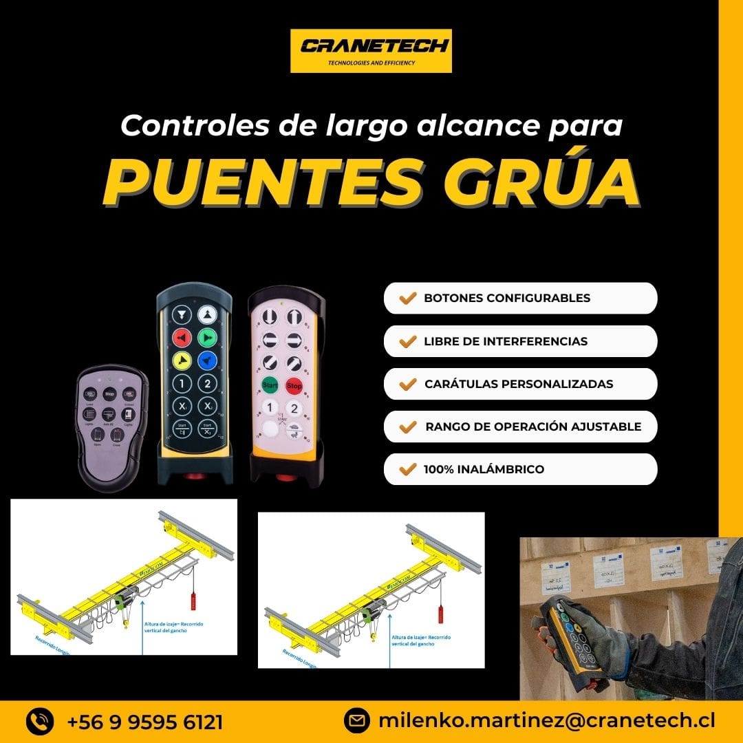 Afiche de Cranetech sobre controles de largo alcance para puentes grúa