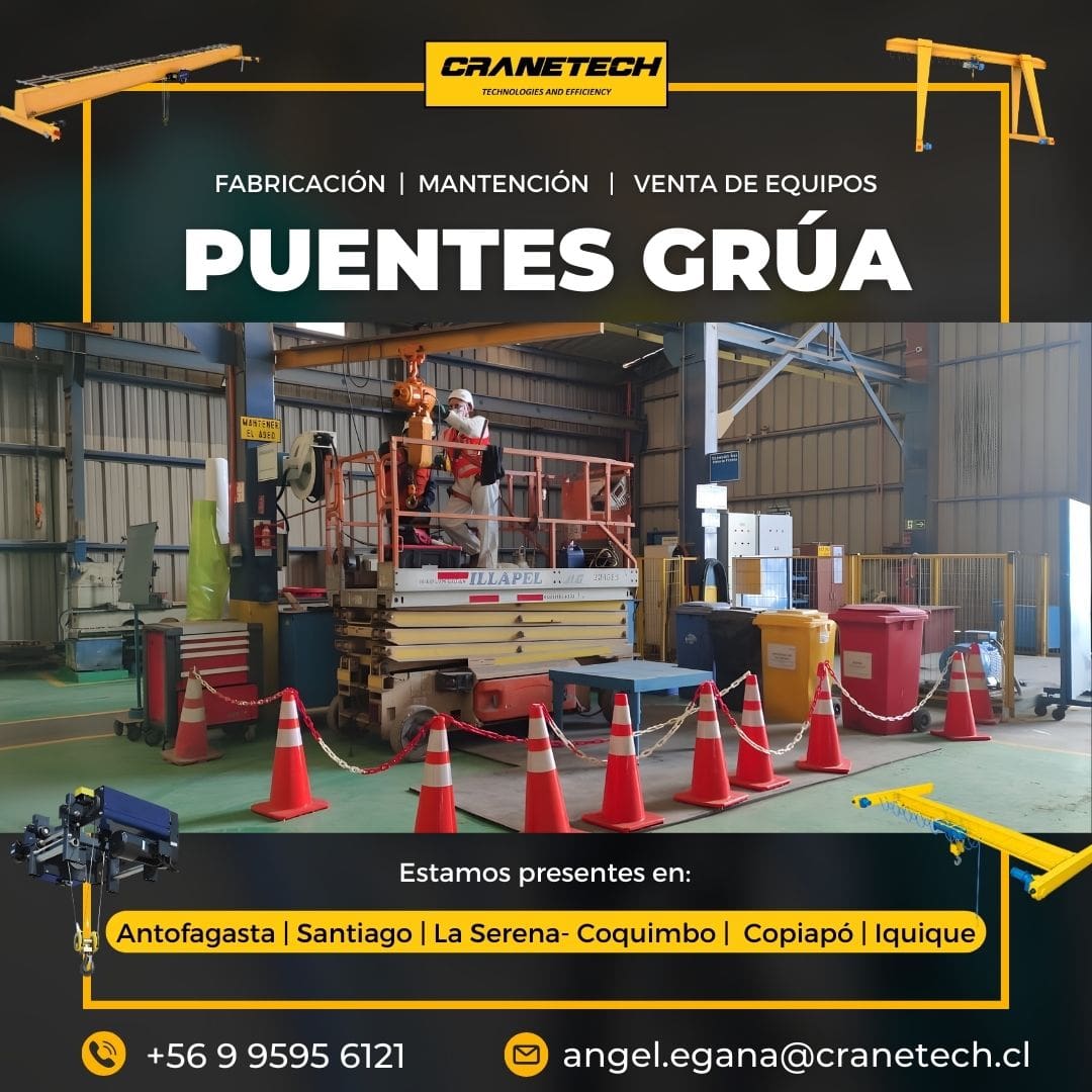 Afiche de Cranetech sobre fabricación, mantención y venta de puentes grúa en Antofagasta, Santiago y otras ciudades